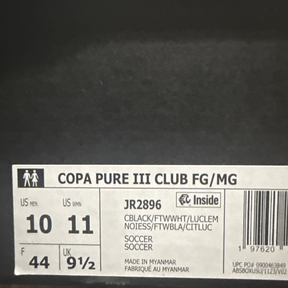 Adidas Copa Pure III Club Soccer FG/MG Cleats Black Solar Yellow JR2896 Men's 10 - Picture 7 of 7